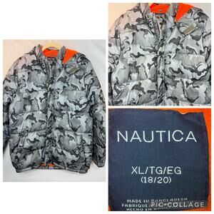 Nautica Boys Camo Hooded Puffer Jacket in Castlerock Gray Size XL